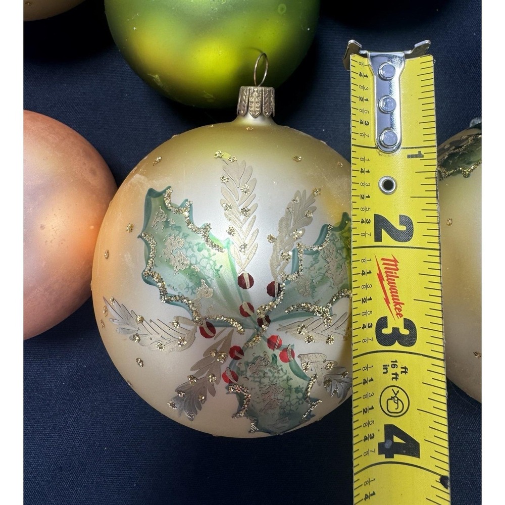 West Germany~ Round Peach Green Gold Glass Ornaments Glitter Set of 8 - Picture 10 of 11
